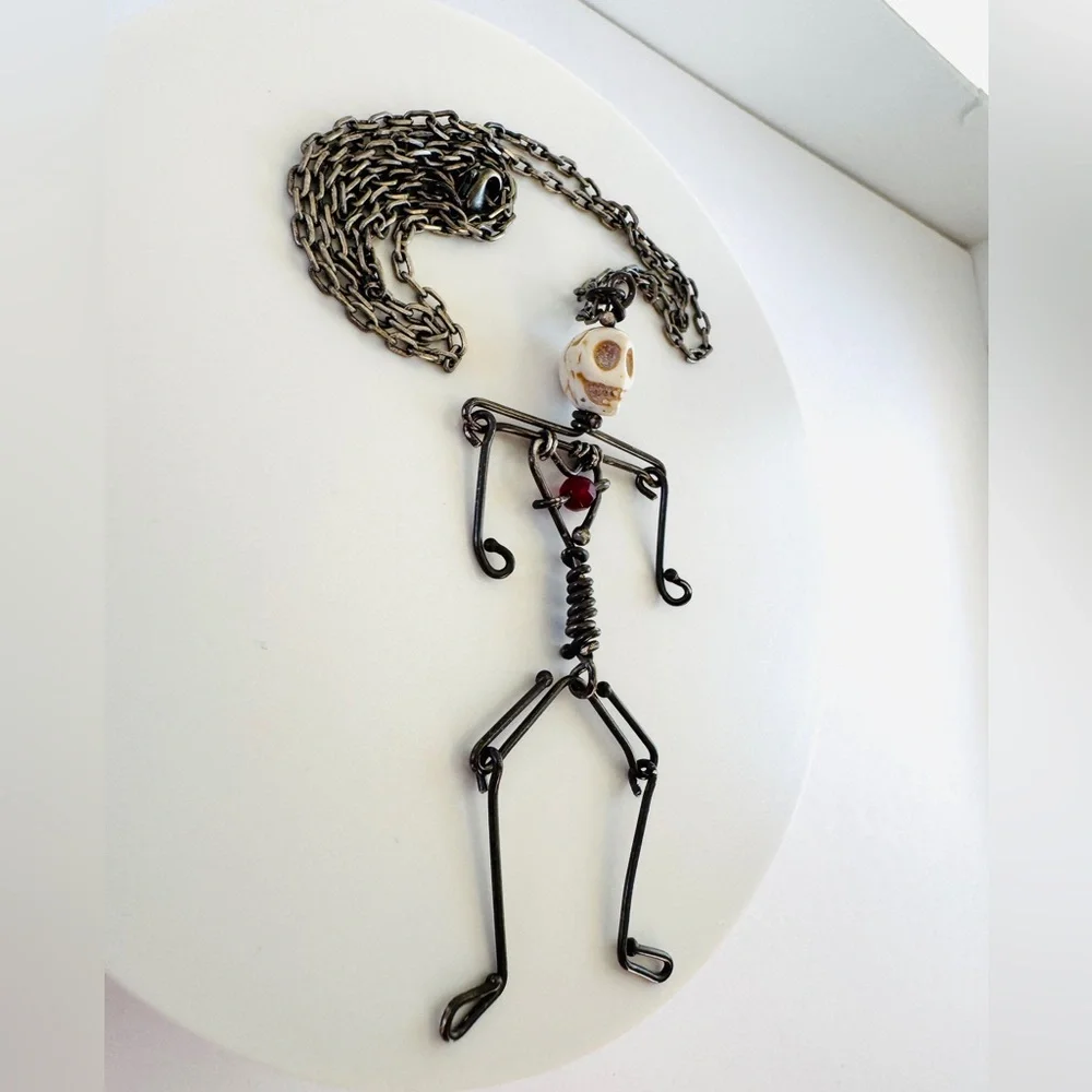 Handmade Skeleton Necklace “Bone Head” Sterling Silver & Copper with Bone Bead - Picture 6 of 9